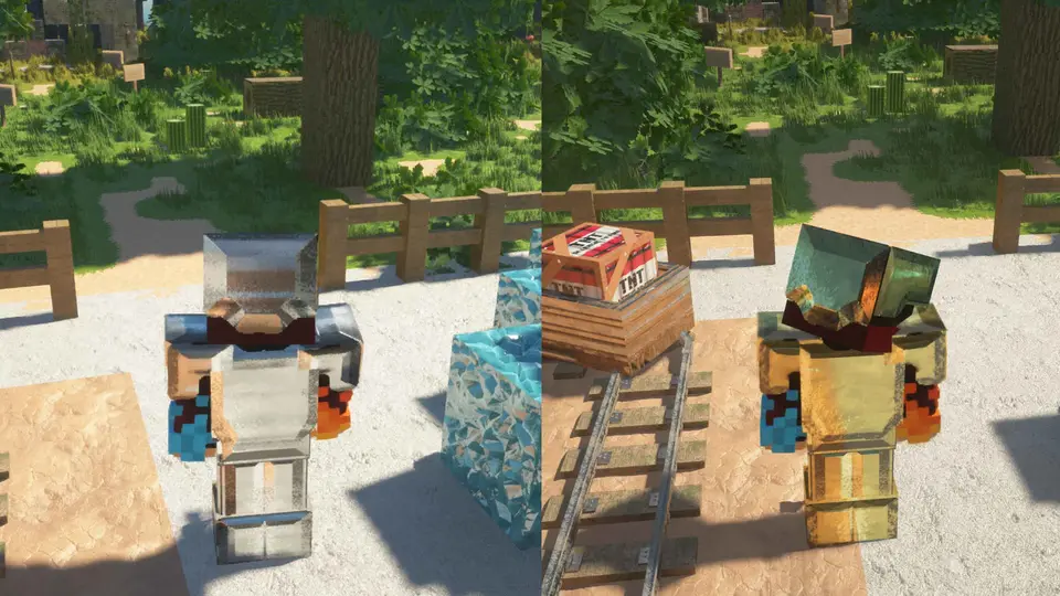 Realistic gold and iron armour in Minecraft with Optimum Realism PBR textures